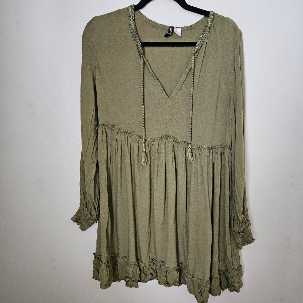 Divided Dress Long Sleeve H&M Green Mini V-Neck Tassels Casual Viscose Neutral - Picture 11 of 11